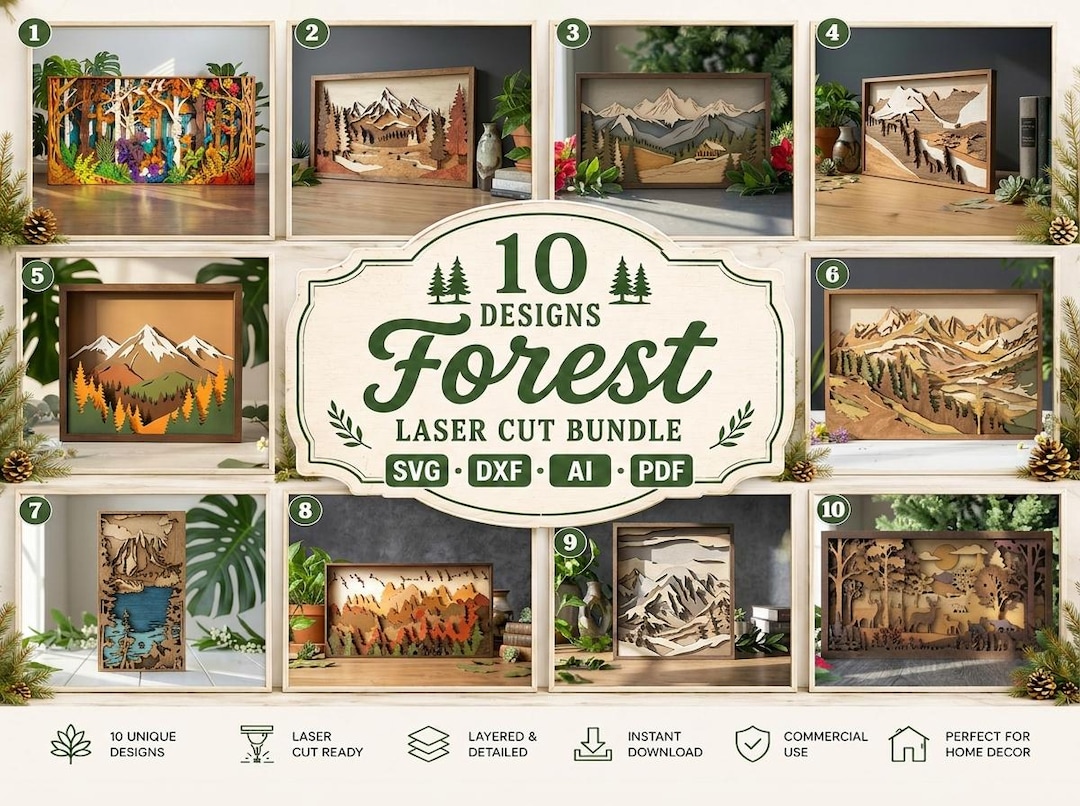 Forest laser cut bundle — 10 mountain landscape layered wood art designs