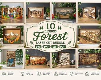 CBMD01 - 10 Forest Laser Cut Bundle SVG | Mountain Landscape Layered Wood Art | Nature Scene Laser Files | CNC Glowforge xTool Cricut