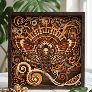 May include: A layered wooden art piece featuring a moth with a skull on its body, set against a backdrop of gears and sunburst design. The artwork is framed in a dark brown wooden frame, showcasing intricate details and warm color tones.