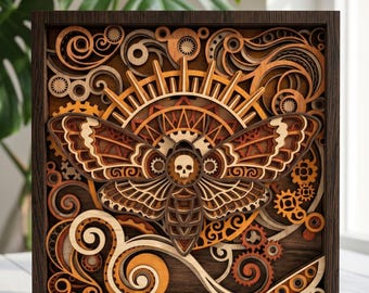 May include: A layered wooden art piece featuring a moth with a skull on its body, set against a backdrop of gears and sunburst design. The artwork is framed in a dark brown wooden frame, showcasing intricate details and warm color tones.