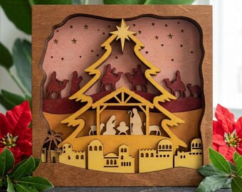 Szopka MD514 SVG Shadow Box, plik do cięcia laserowego choinki bożonarodzeniowej, trójwymiarowa, warstwowa sztuka ścienna o tematyce religijnej, plik CNC Glowforge, święta Bożego Narodzenia