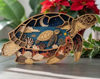 MD44 Tortugas marinas cortadas con láser SVG 3D Escena de fénix en el bosque Archivo de corte láser Arte en madera Diseño láser CNC Vida marina en capas