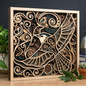 May include: A layered wooden art piece featuring a bird in flight, with intricate cut-out details. The artwork incorporates shades of brown, teal, and natural wood tones, creating a dimensional effect. The piece is framed in a light-colored wood.