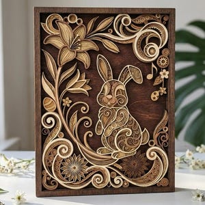 Puede incluir: Obra de arte de madera que representa un conejo y elementos florales. La pieza está hecha de madera en capas, presentando un conejo detallado en medio de flores y remolinos decorativos. La paleta de colores incluye tonos marrones y beige.