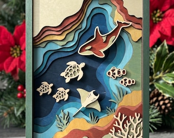 MD379 Zwierzęta oceaniczne, warstwowe drewno SVG, plik laserowo wycinany z żółwiem i rekinem, grafika ścienna z motywem życia morskiego Glowforge CNC
