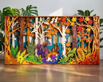Arte de pared de madera de bosque en capas SVG 3D Escena de naturaleza de bosque Archivo cortado con láser Arte de madera de múltiples capas Panel de diseño láser CNC Archivo cortado con láser SVG