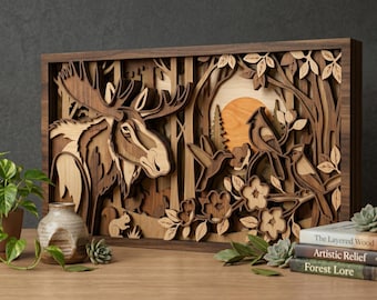 MD177 Arte de pared de madera en capas, escena de bosque con alces, archivo de corte láser (SVG, DXF) paisaje de puesta de sol montaña svg cardenal pájaro archivo de corte láser