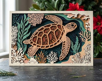 Arte de parede em madeira em camadas com tartaruga, arquivo de corte a laser de recife de coral oceânico (SVG, DXF)