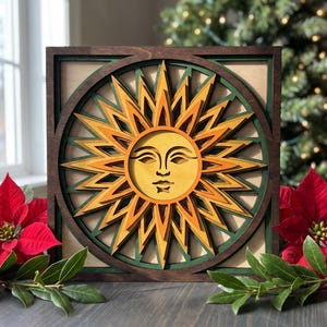 MD590 Sol en capas SVG, patrón de arte mural de madera con cara de sol en 3D, archivos de corte láser para Glowforge, vector listo para Lightburn, archivo láser celestial