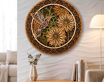 MD554 Hummingbird Sunflower SVG, Mandala Flower Laser Cut File, 3D Layered Round Wall Art, Boho Garden Decor, Glowforge CNC, flower svg