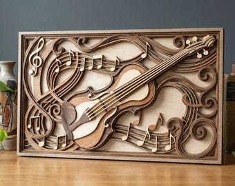 MD63 violín Arte de pared SVG 3D Escena de naturaleza de bosque Archivo cortado con láser Arte de madera multicapa Diseños SVG de música de madera CNC, archivo láser de música
