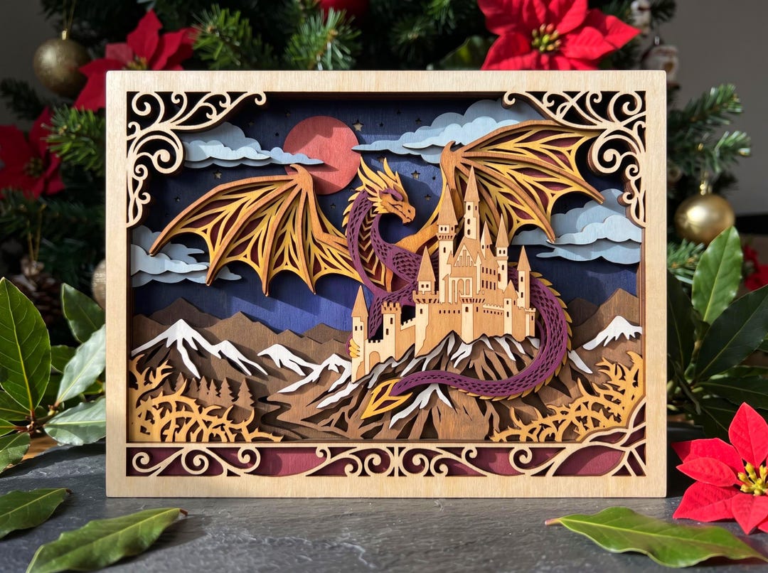 Golden dragon guarding castle 3D layered SVG — fairytale shadow box laser cut file