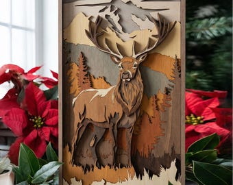 MD45 Bosque de ciervos en capas y montaña Nieve Arte de pared SVG 3D Ciervo del bosque Archivo cortado con láser Arte de madera Diseño láser CNC Archivo SVG cortado con láser