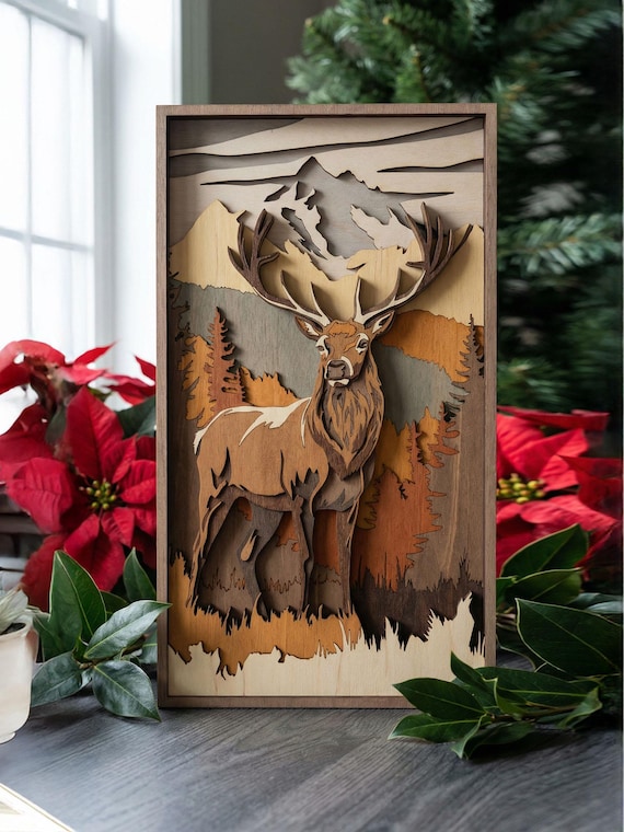 MD45 Layered Deer Forest and mountain Snow Wall Art SVG 3D Woodland Deer Laser Cut File Wood Art  CNC Laser Design laser cut svg file