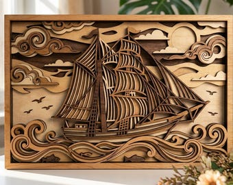 MD119 Velero Escena Oceánica – SVG de Madera en Capas 3D / Arte Náutico para Pared Archivo de Corte Láser / Decoración Costera / Diseño CNC Glowforge Cricut