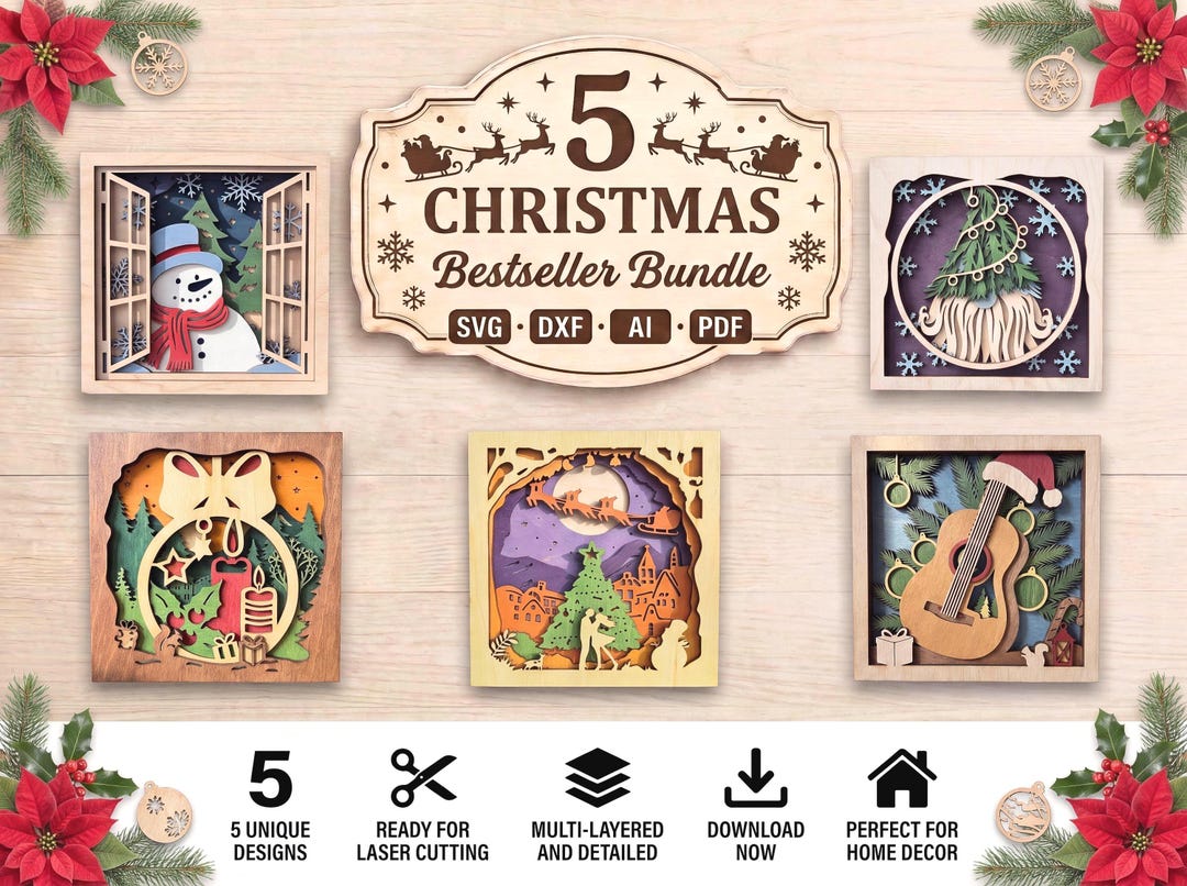 Christmas layered wood SVG bundle — tree, guitar and snowman laser cut designs