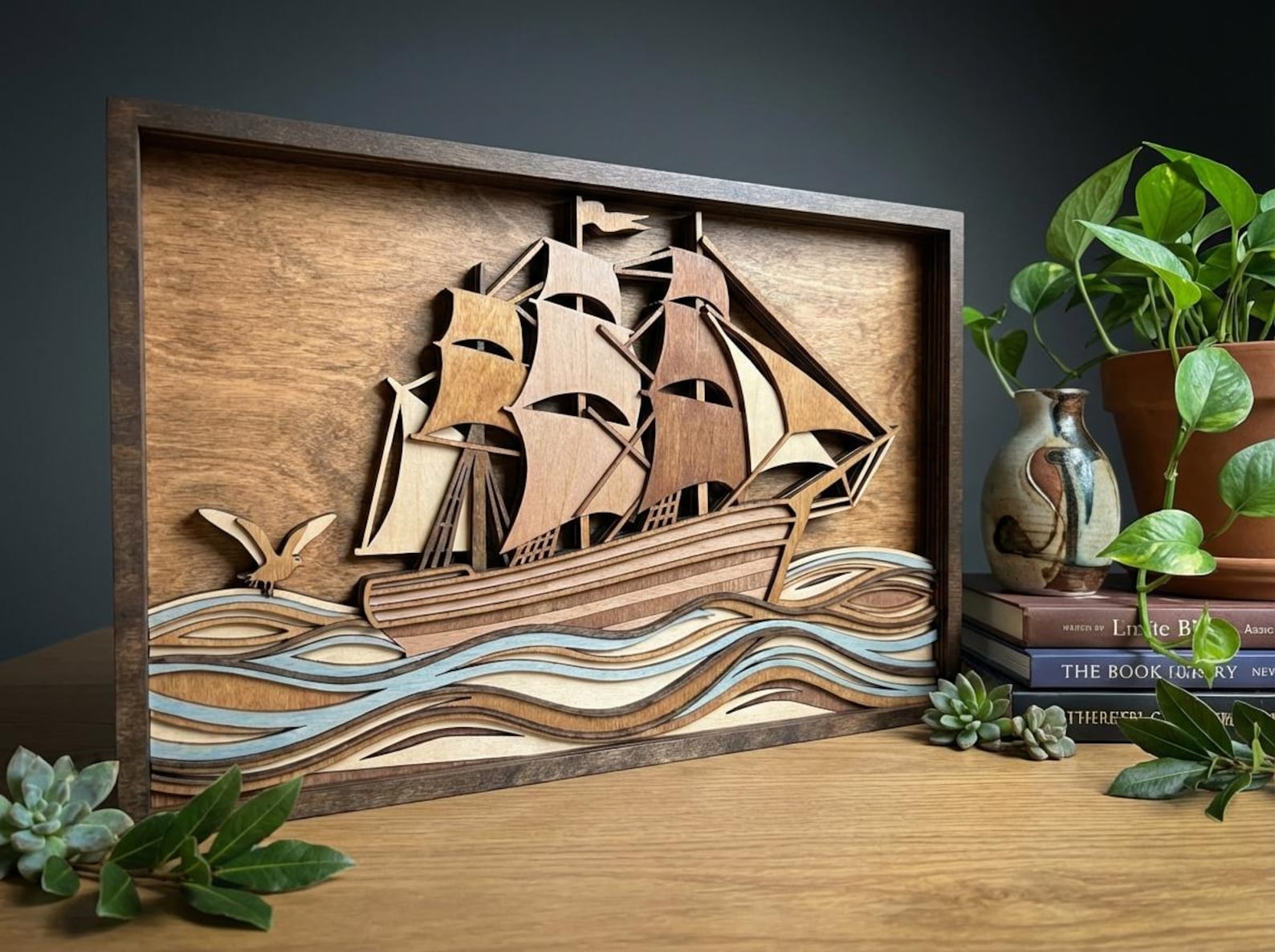 Ship Inlay MD131 Layered Sailing Ship Wood SVG, Ocean Waves Laser Cut File, 3D ...