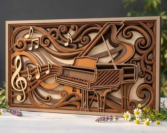 MD61 Piano Wall Art SVG 3D Escena de naturaleza de bosque Archivo cortado con láser Arte de madera multicapa Diseños SVG de música de madera CNC, archivo láser de música