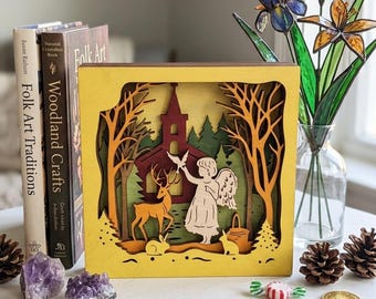 MD536 Christmas Angel Shadow Box SVG, Anioł z gołębiem, plik 3D z laserowym cięciem warstwowym, Ścienna grafika z jeleniem w kościele, Glowforge CNC Multilayer