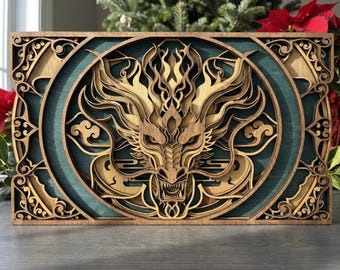 MD116 Dragón en capas cortado con láser Arte de pared SVG Dragón del bosque 3D Archivo de corte láser Arte en madera CNC Láser Dragón multicapa Archivo de corte svg