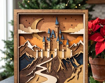 MD426 Decorazione murale a tema castello in legno stratificato, paesaggio fantasy, file per taglio laser (svg, dxf, ai, pdf) halloween svg