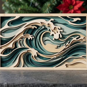 MD376 Ocean Wave Layered Wood SVG, Japanese Wave Laser Cut File, Coastal Wall Art Glowforge CNC Pattern