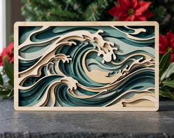 MD376 Ola del océano en madera en capas SVG, archivo de corte láser de ola japonesa, arte mural costero, patrón CNC Glowforge