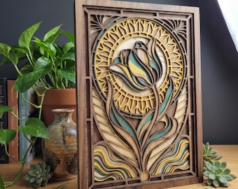 MD152 Tulip Layered Wood SVG, Plik z kwiatami ciętymi laserowo, Wzór kwiatowy w stylu secesyjnym, Trójwymiarowa drewniana sztuka ścienna, Wzór CNC Glowforge