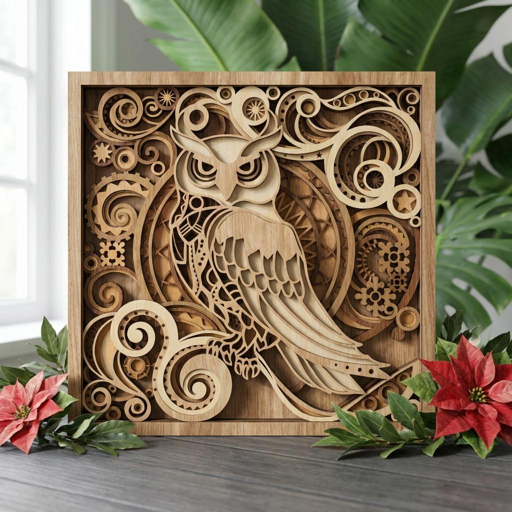 MD38 Layered owl mandala Laser cut Wall Art SVG 3D Woodland owlLaser Cut File Wood Art CNC Laser M
