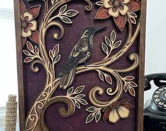 MD257 Mandala de colibrí y flores en capas y arte de pared de engranajes SVG 3D Archivo de corte láser de ciervo del bosque Arte en madera Diseño láser CNC