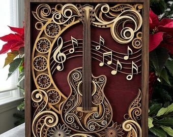 May include: A wooden layered art piece featuring a guitar design with musical notes. The artwork is framed in a dark brown wood and has a red background. Intricate details include floral and gear-like patterns in light brown and tan.
