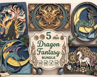 CB06 - Zestaw wycinany laserowo Dragon Fantasy SVG | 5 wzorów, warstwowa sztuka ścienna z drewna | Smok, jednorożec, potwór | Glowforge CNC do pobrania w wersji cyfrowej