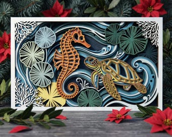 MD380 Cavalo-marinho e Tartaruga em Madeira Laminada SVG, Arquivo de Corte a Laser de Animal Marinho, Arte de Parede de Recife de Coral para CNC Glowforge