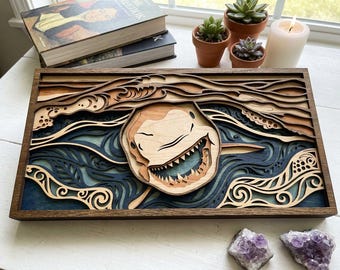 MD204  Layered Shark funny Layered Wood Art SVG, Ocean Laser Cut File, Coastal Wall Decor, Multi Layer Marine Scene, CNC Scroll Saw Pattern