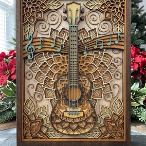 May include: A multi-layered wooden wall art piece featuring a central guitar silhouette surrounded by intricate mandala-style floral patterns. The design includes teal musical notes and staff lines, all encased in a dark brown rectangular frame.