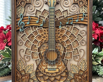 May include: A multi-layered wooden wall art piece featuring a central guitar silhouette surrounded by intricate mandala-style floral patterns. The design includes teal musical notes and staff lines, all encased in a dark brown rectangular frame.