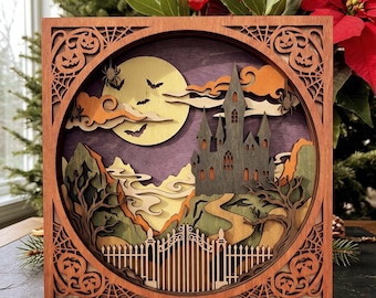 MD551 Halloween Castle Shadow Box SVG, plik wycinany laserowo z warstwami 3D do nawiedzonego domu, upiorne księżycowe nietoperze, Glowforge CNC, prezent na Halloween