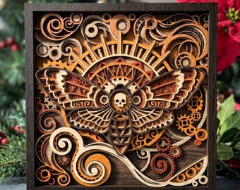MD269 Licencia comercial Polilla de la muerte Steampunk cortada con láser SVG, arte gótico en madera en capas, decoración de pared de polilla calavera, diseño de insecto mecánico