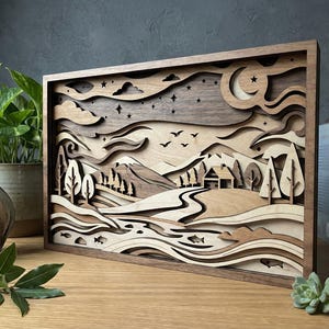 MD120 Mountain River Landscape – 3D Layered Wood SVG | Cabin Forest Scene Laser Cut File | Nature Wall Art | CNC Glowforge Cricut