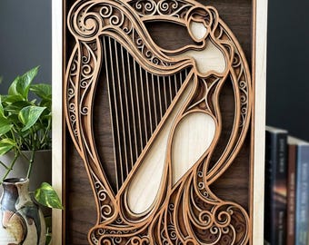 MD141 Celtycka Harfa Dama Warstwowa Drewno SVG, Plik Cięcia Laserowego Muzycznej Secesji, Drewniana Sztuka Ścienna 3D, Elegancka Kobieta Projekt CNC, Wzór Glowforge