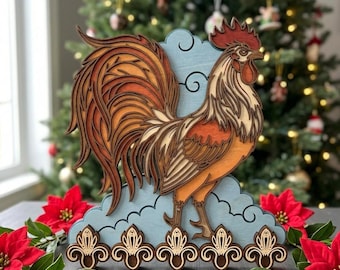 MD403 Portachiavi Gallo SVG, File di taglio laser Pollo Fattoria, Design Gancio da parete in legno stratificato,