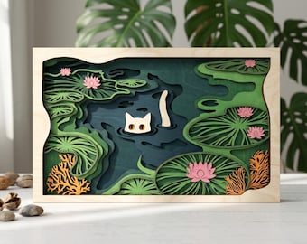 MD356 Kot, staw z lotosem, warstwowe drewno SVG, zabawny kot w wodzie, plik do cięcia laserowego, grafika ścienna z lotosem, staw z lilią wodną, Glowforge CNC, koi, svg