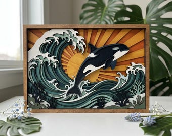 MD386 Orcas e ondas em SVG 3D, estilo florestal, com mandala de navio oceânico em 3D, para corte em madeira, design a laser CNC, com camadas de orca.