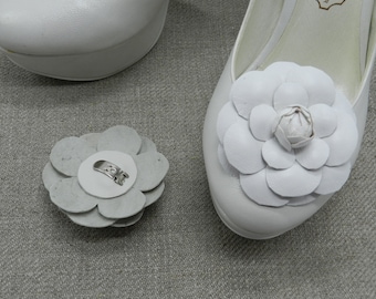 White Leather Camelia Shoe Clips: Genuine Leather Flower