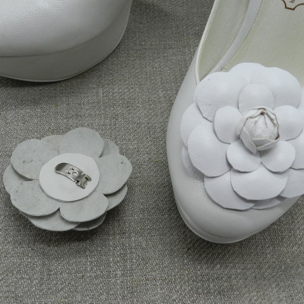 White Leather Camelia shoe clips, genuine leather flower shoe clips, flower shoe clips, camelia white