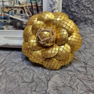 Gold Leather Camellia Brooch: Italian Leather Flower