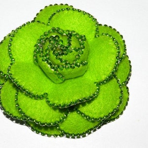 Green Leather Camellia Brooch: Beaded Felt Flower Pin