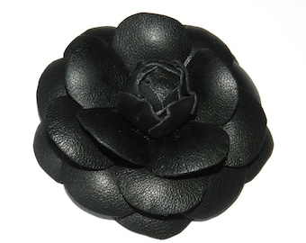 Flower Camellia made of natural leather - black