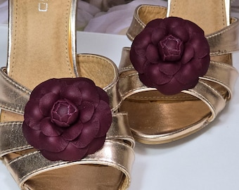 Leather Camellia Shoe Clips: Burgundy Floral Accessory, Handmade in Latvia