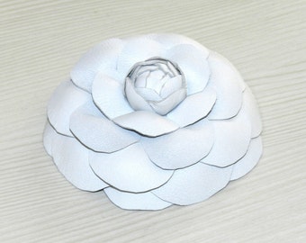 Elegant Flower brooch Camellia from natural leather white, White camellia, leather camellia, camellia brooch